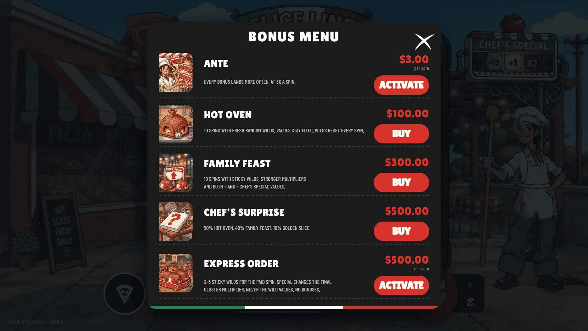 Slice Line bonus buy menu