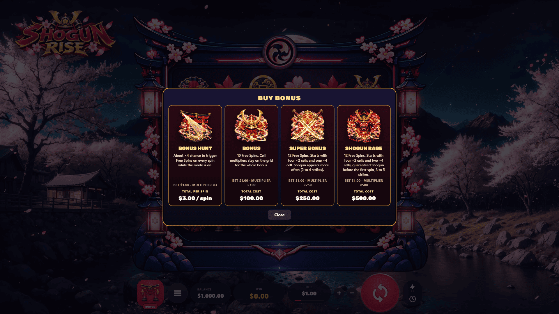 Shogun Rise bonus buy menu