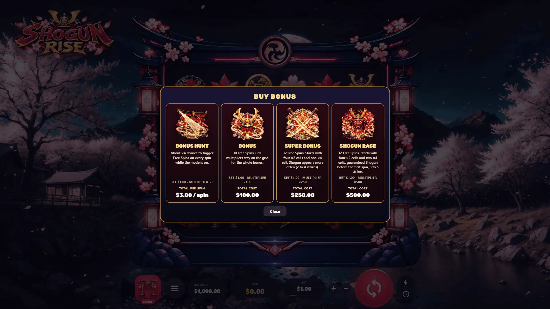 Shogun Rise bonus buy menu