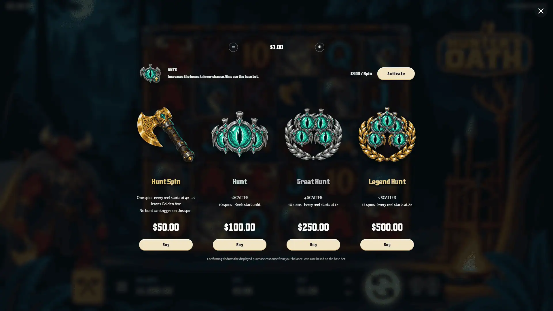 Hunter's Oath bonus buy menu