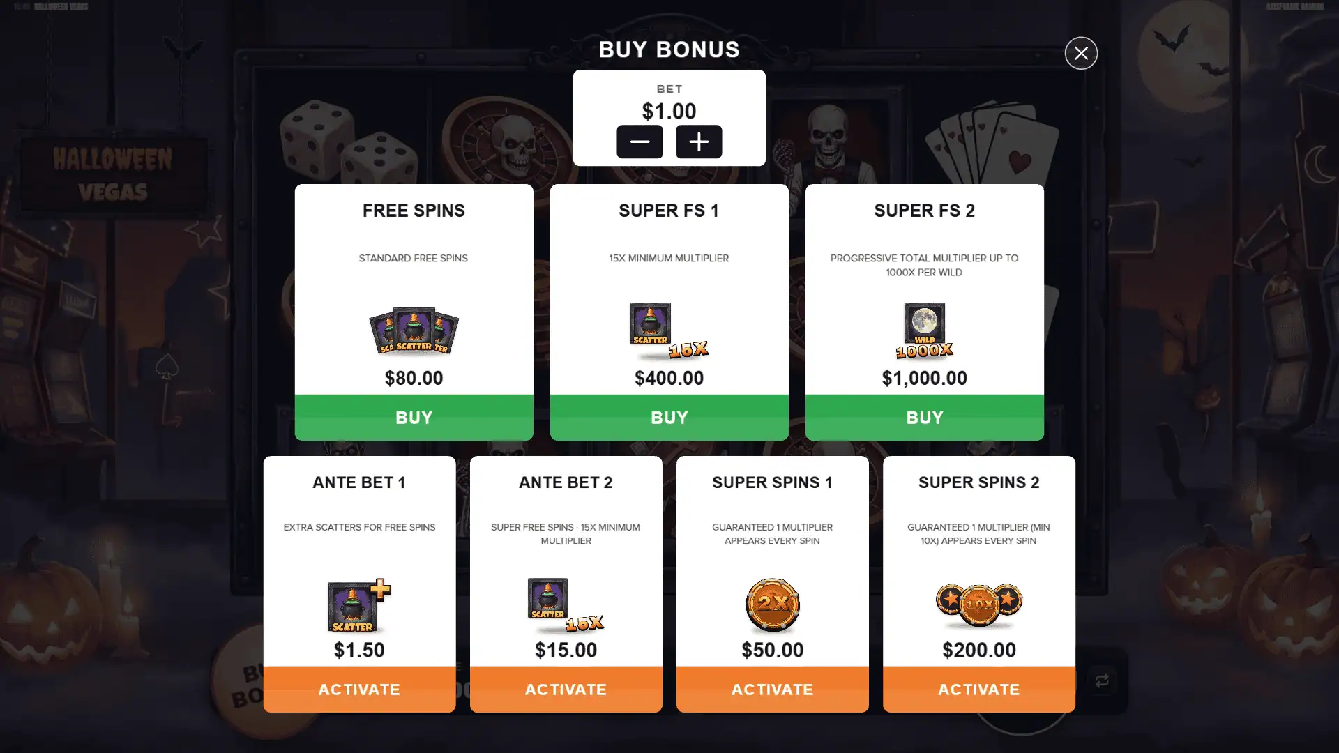 Halloween Vegas bonus buy menu