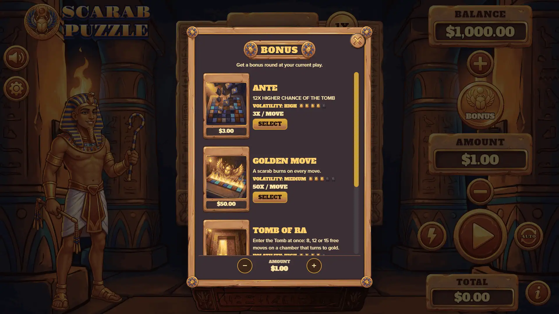 Scarab Puzzle bonus buy menu
