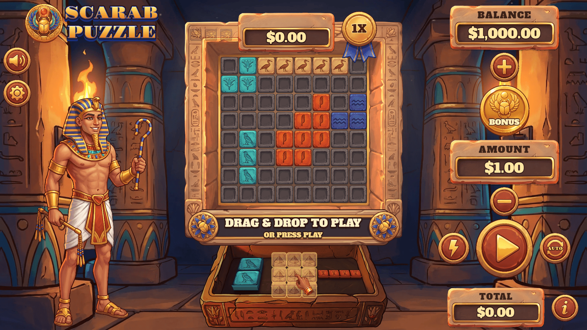 Scarab Puzzle gameplay board with its 8x8 grid and piece tray