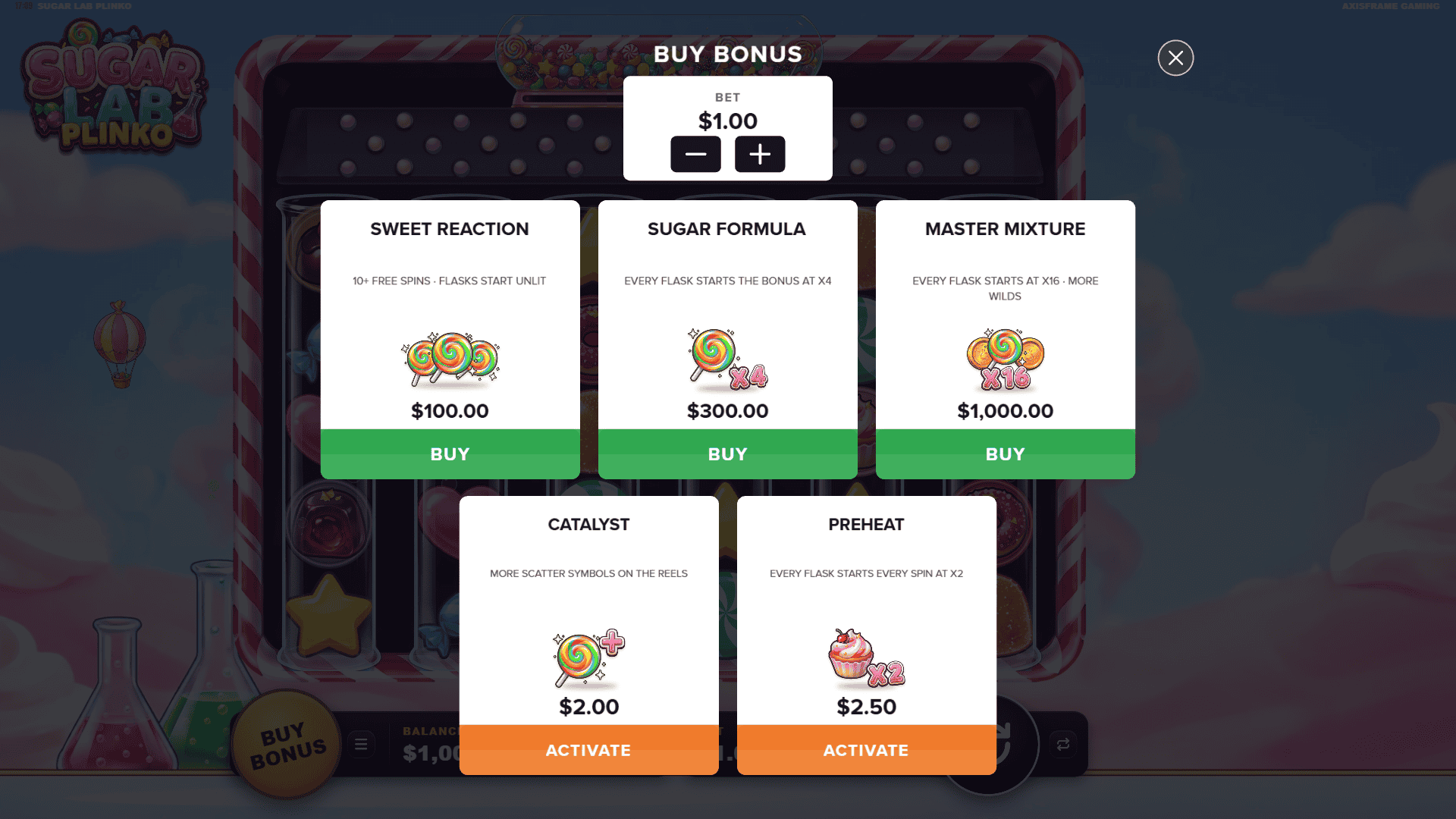 Sugar Lab Plinko bonus buy menu