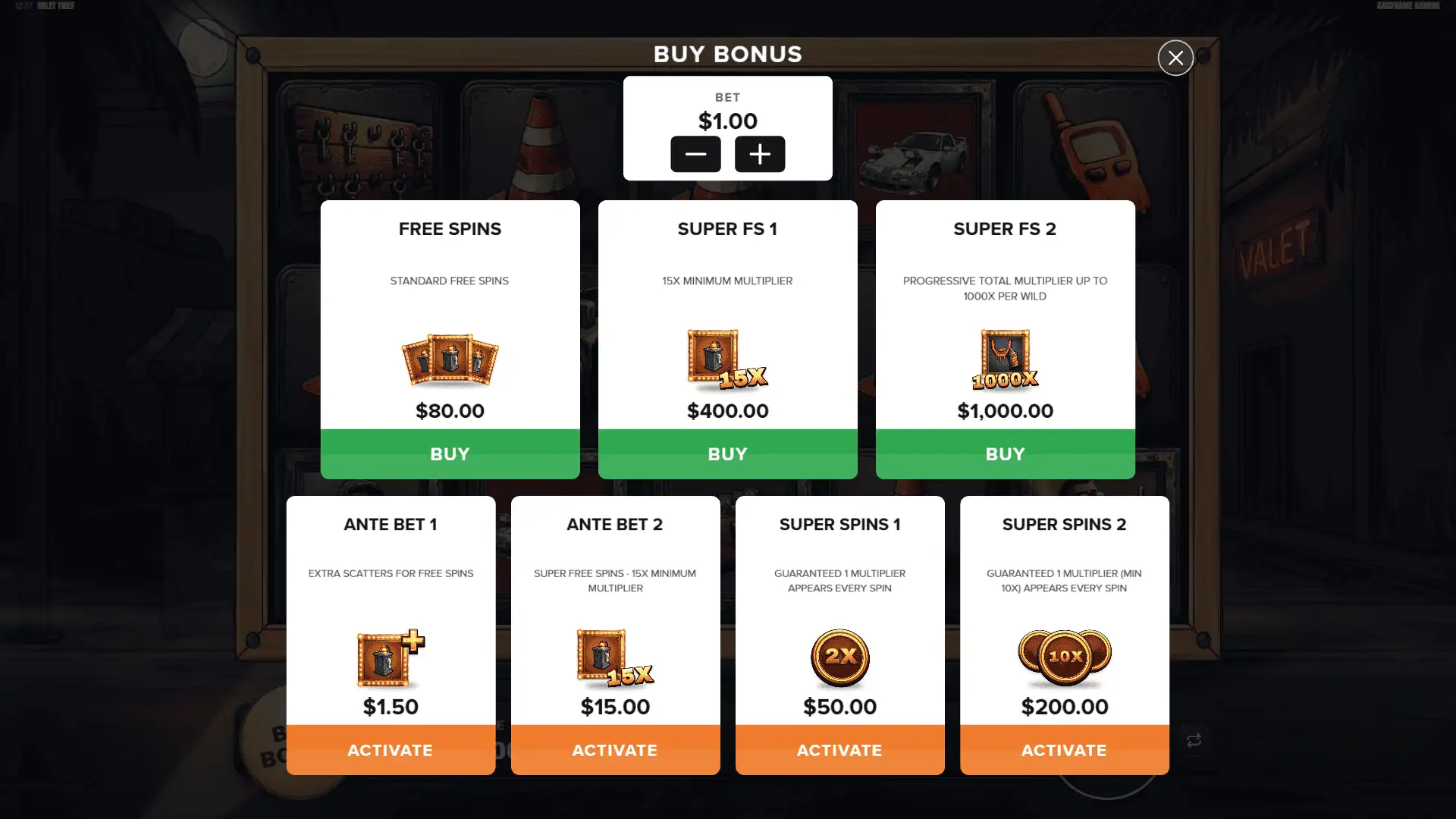 Valet Thief bonus buy menu