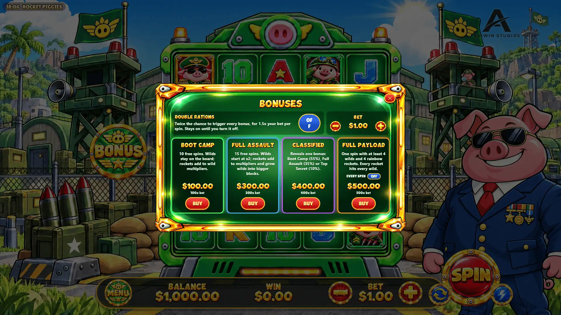 Rocket Piggies bonus buy menu