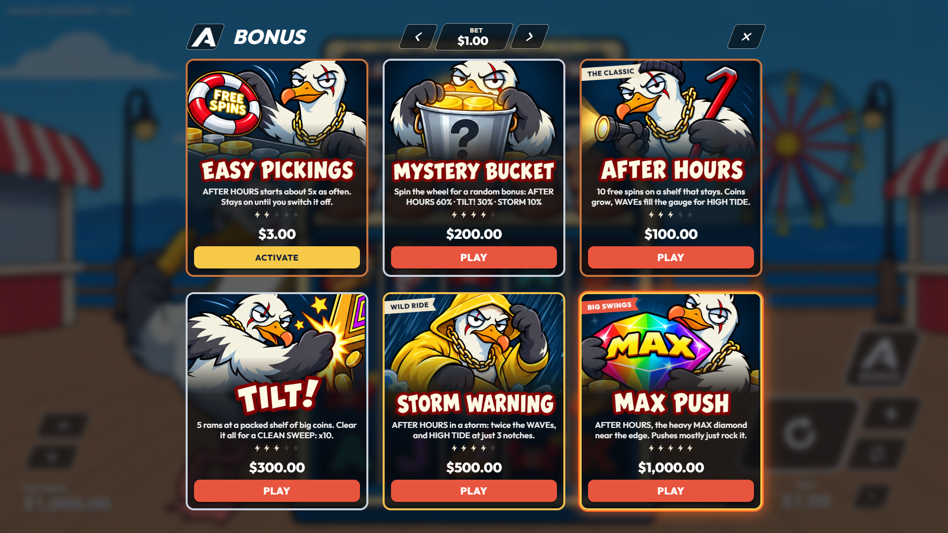 Seaside Shakedown bonus buy menu