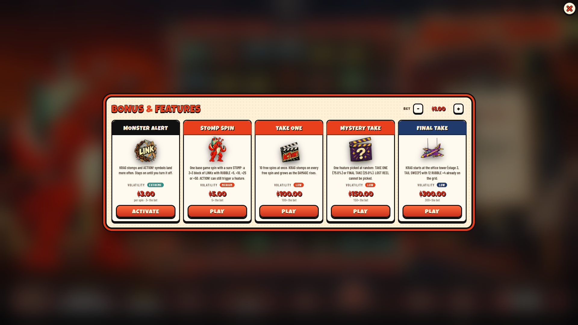 Krag's Town bonus buy menu