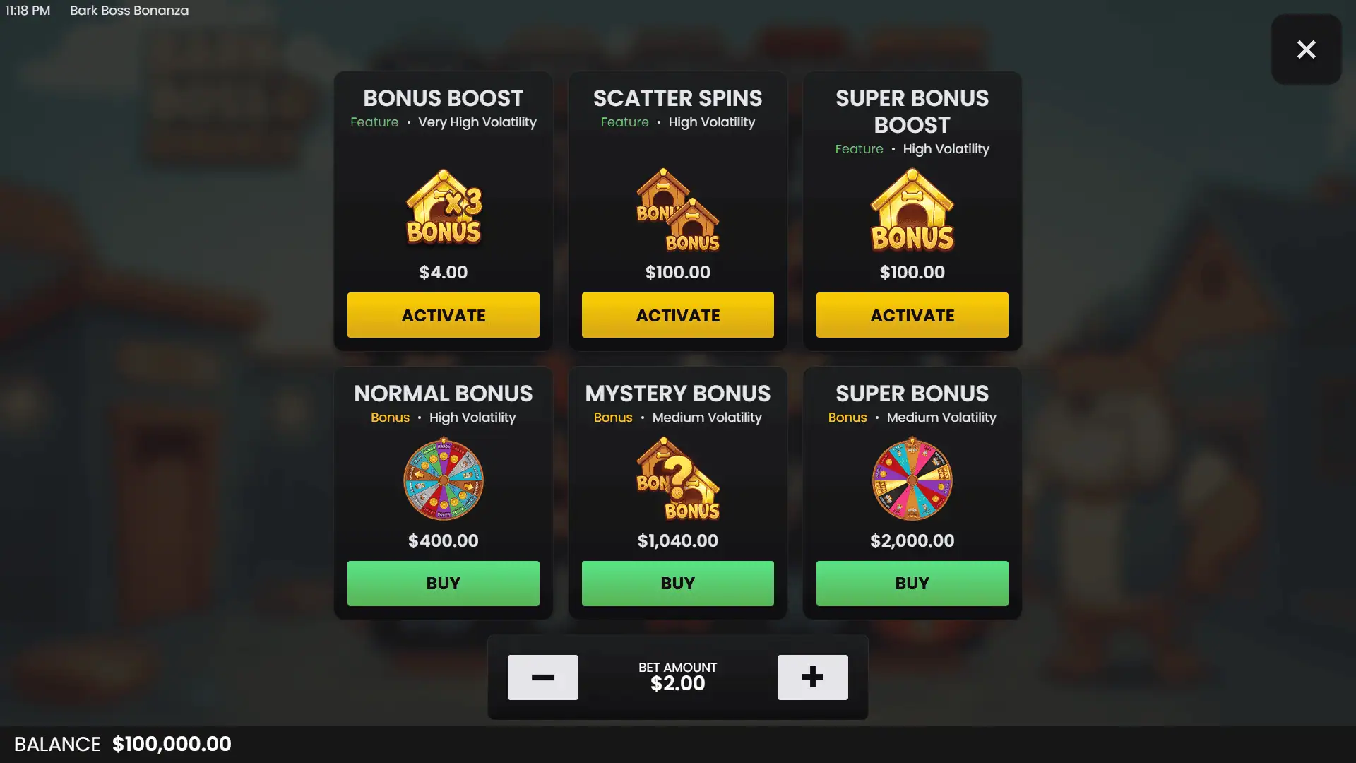 Bark Boss Bonanza bonus buy menu