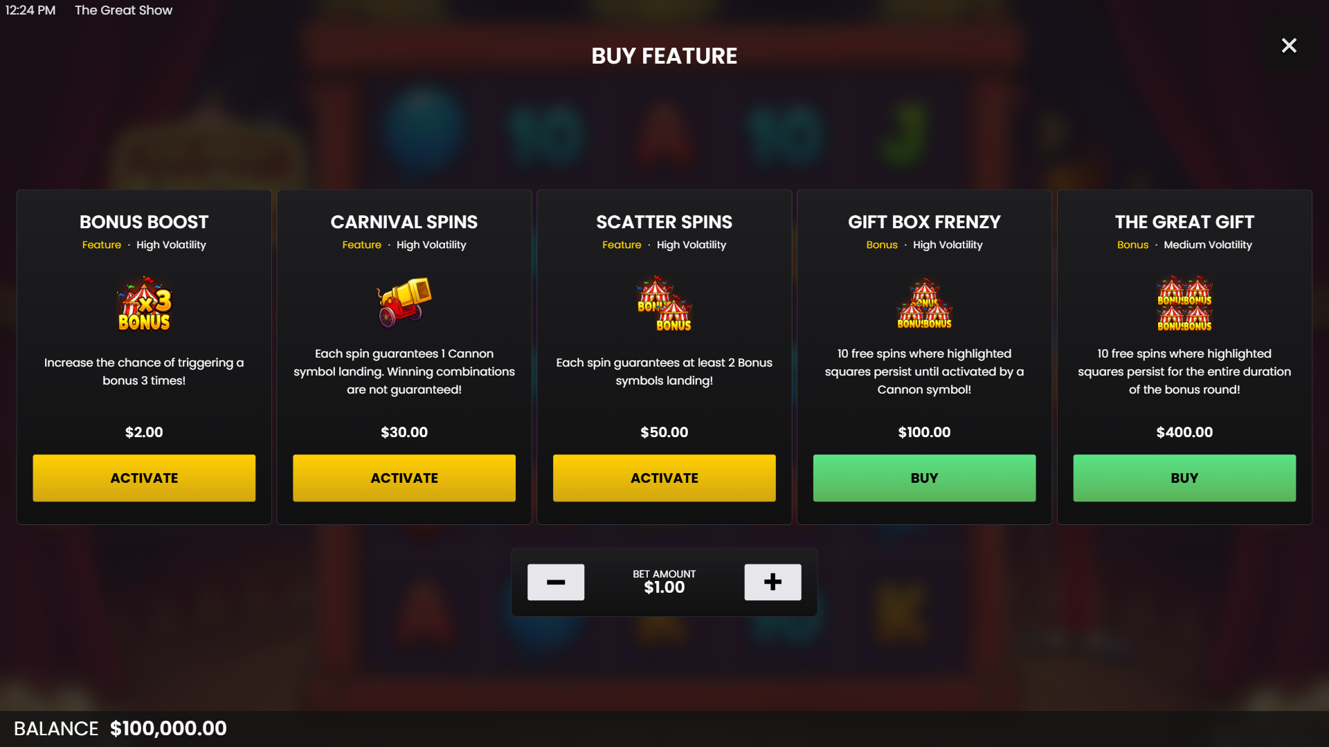 The Great Show bonus buy menu