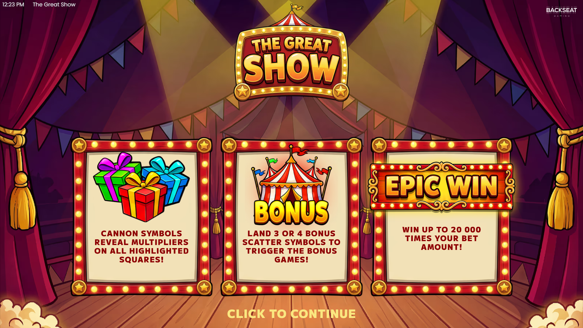 The Great Show slot intro screen
