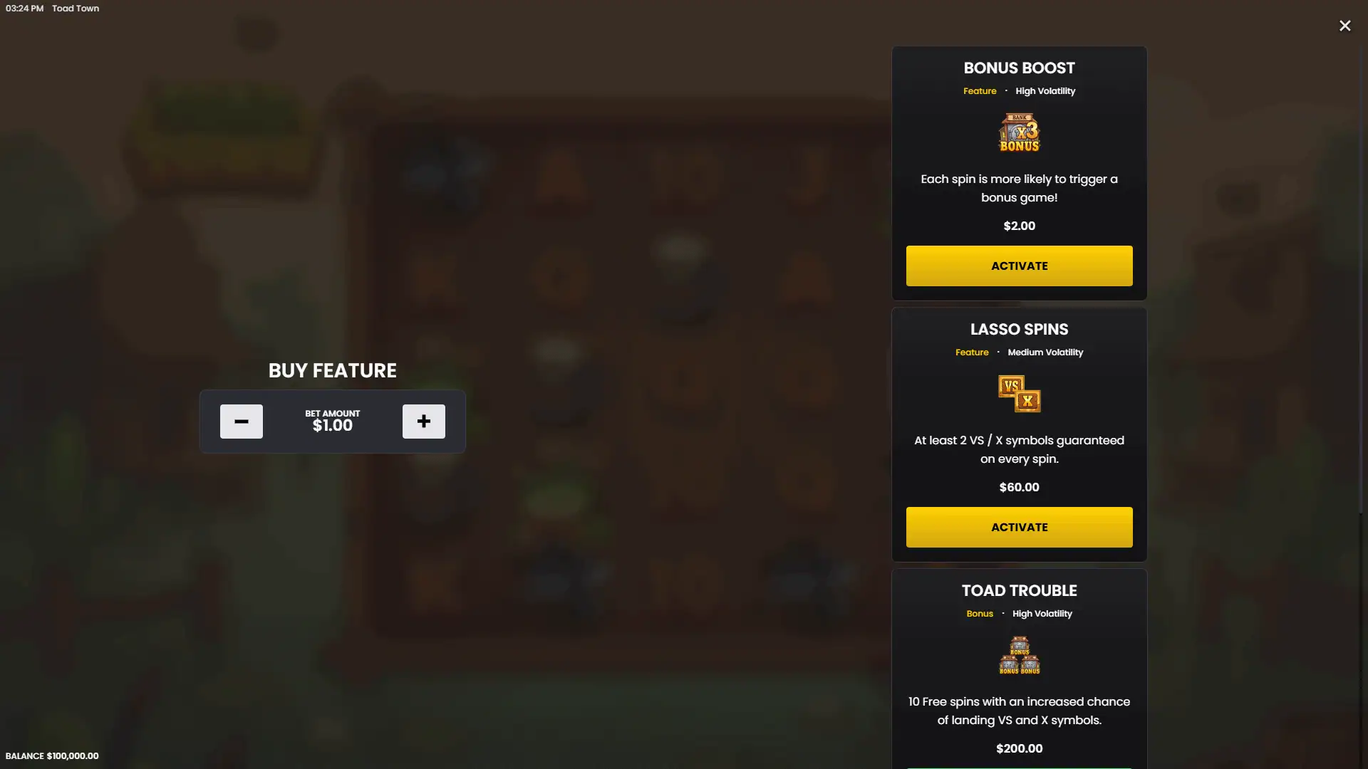 Toad Town bonus buy menu