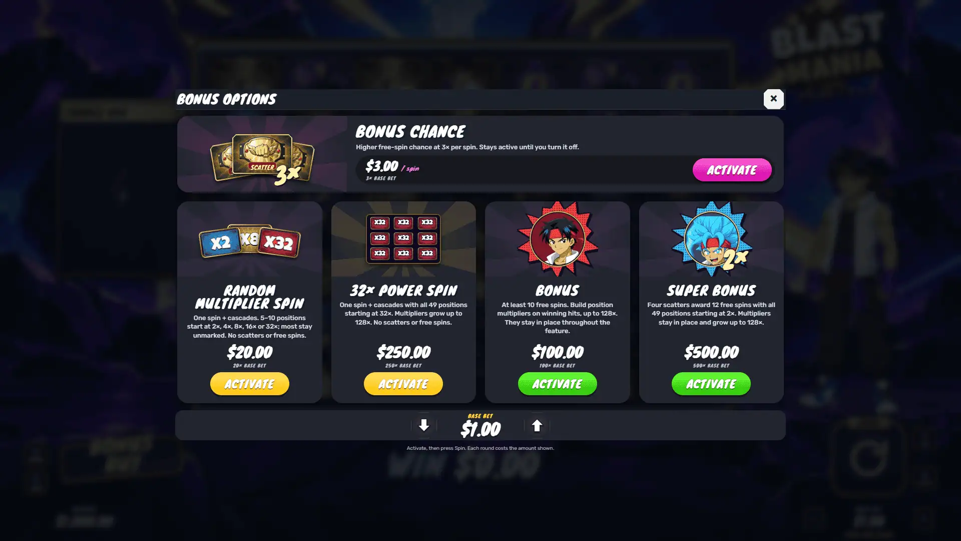 Blast Mania bonus buy menu