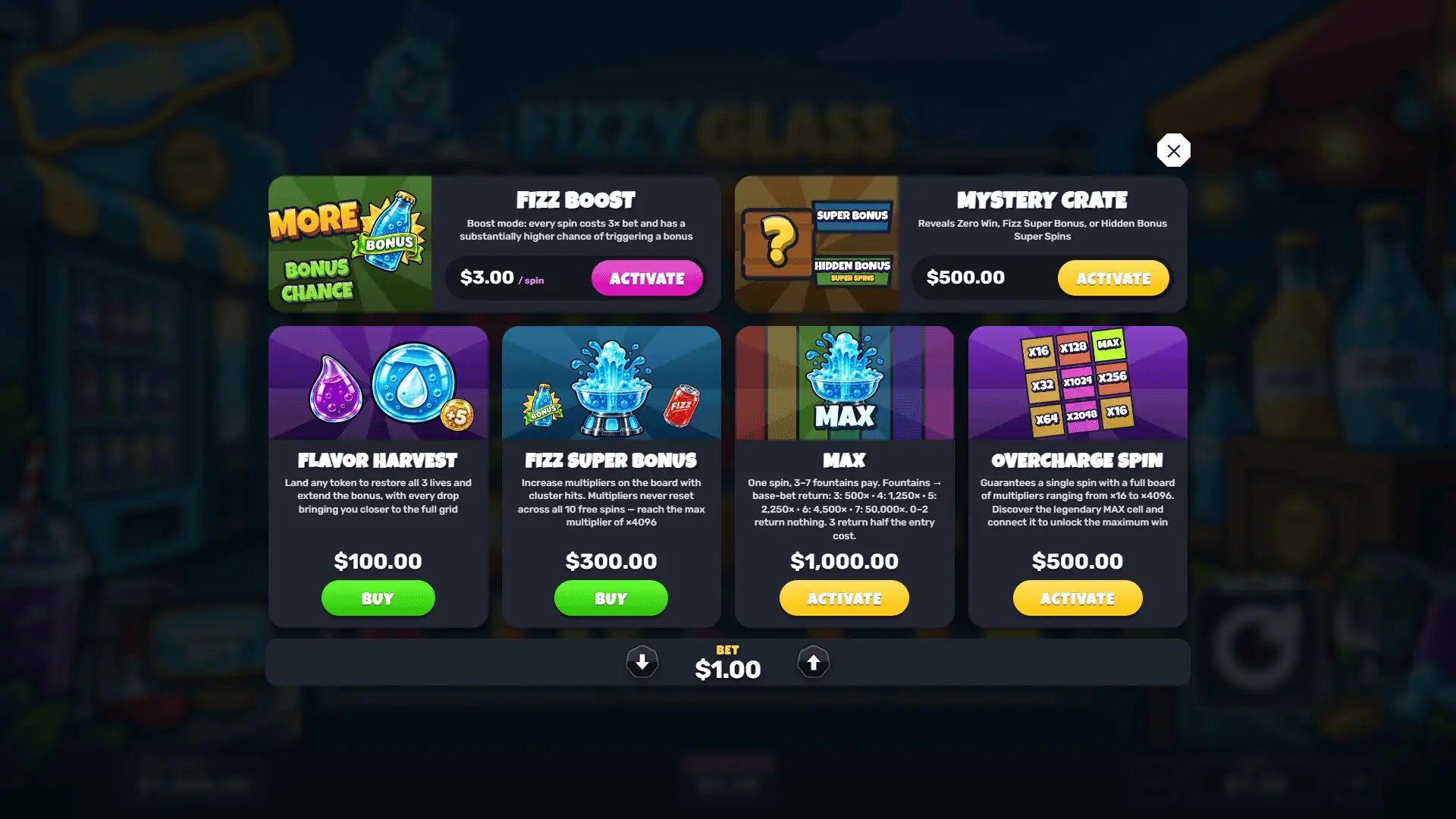 Fizzy Glass bonus buy menu
