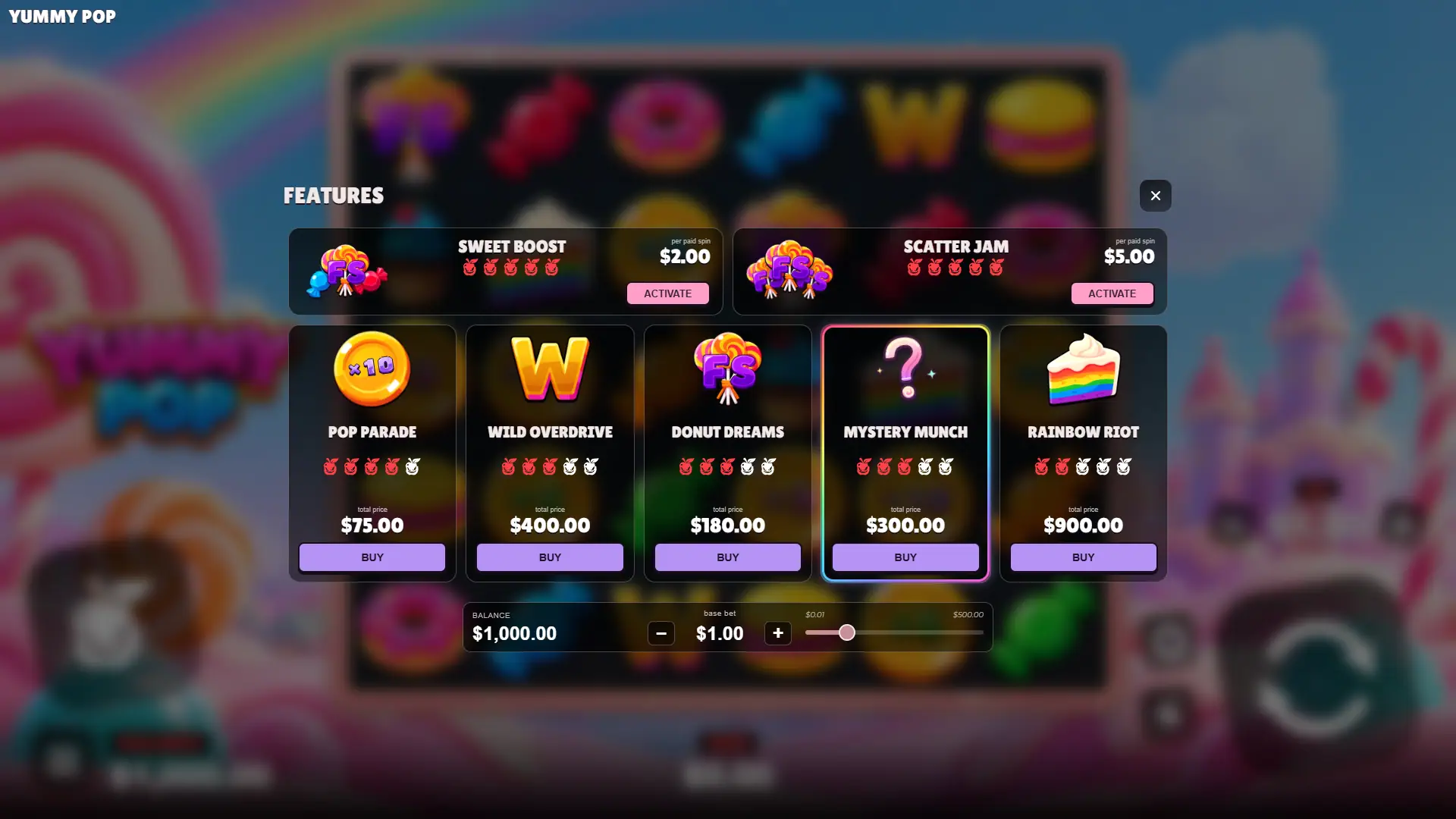 Yummy Pop bonus buy menu