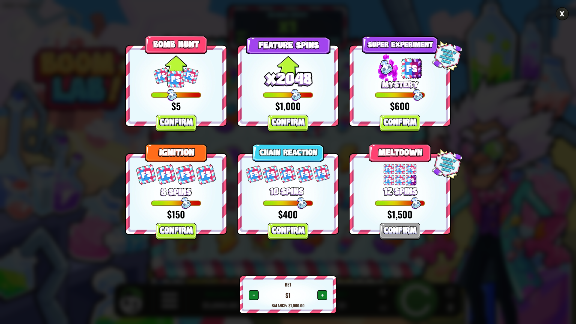 Boom Lab bonus buy menu
