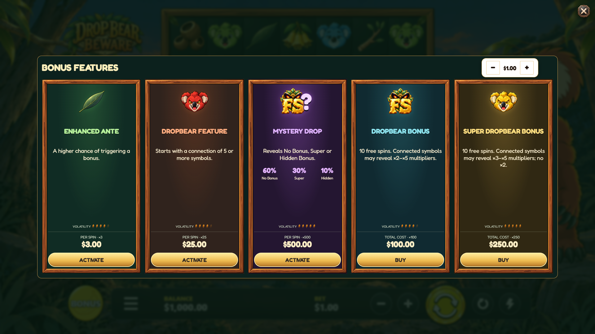 Drop Bear Beware bonus buy menu