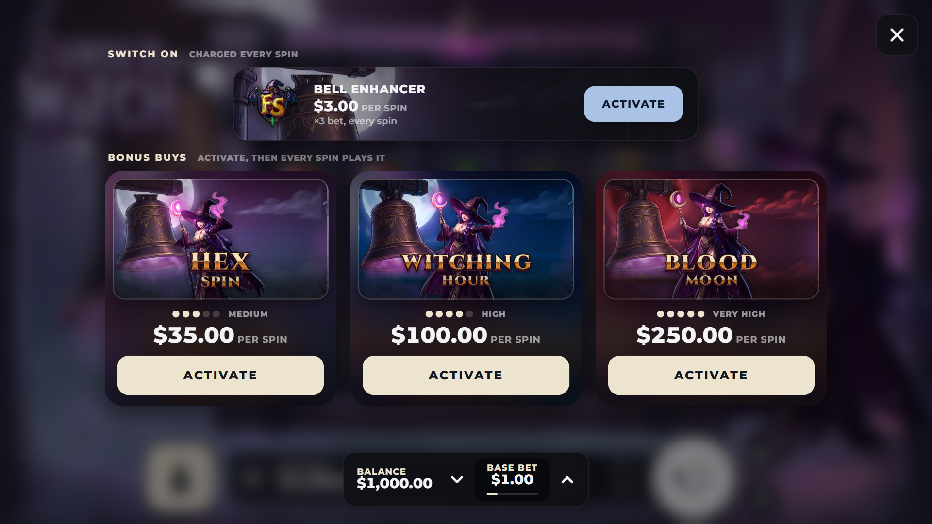 Cursed Witch bonus buy menu