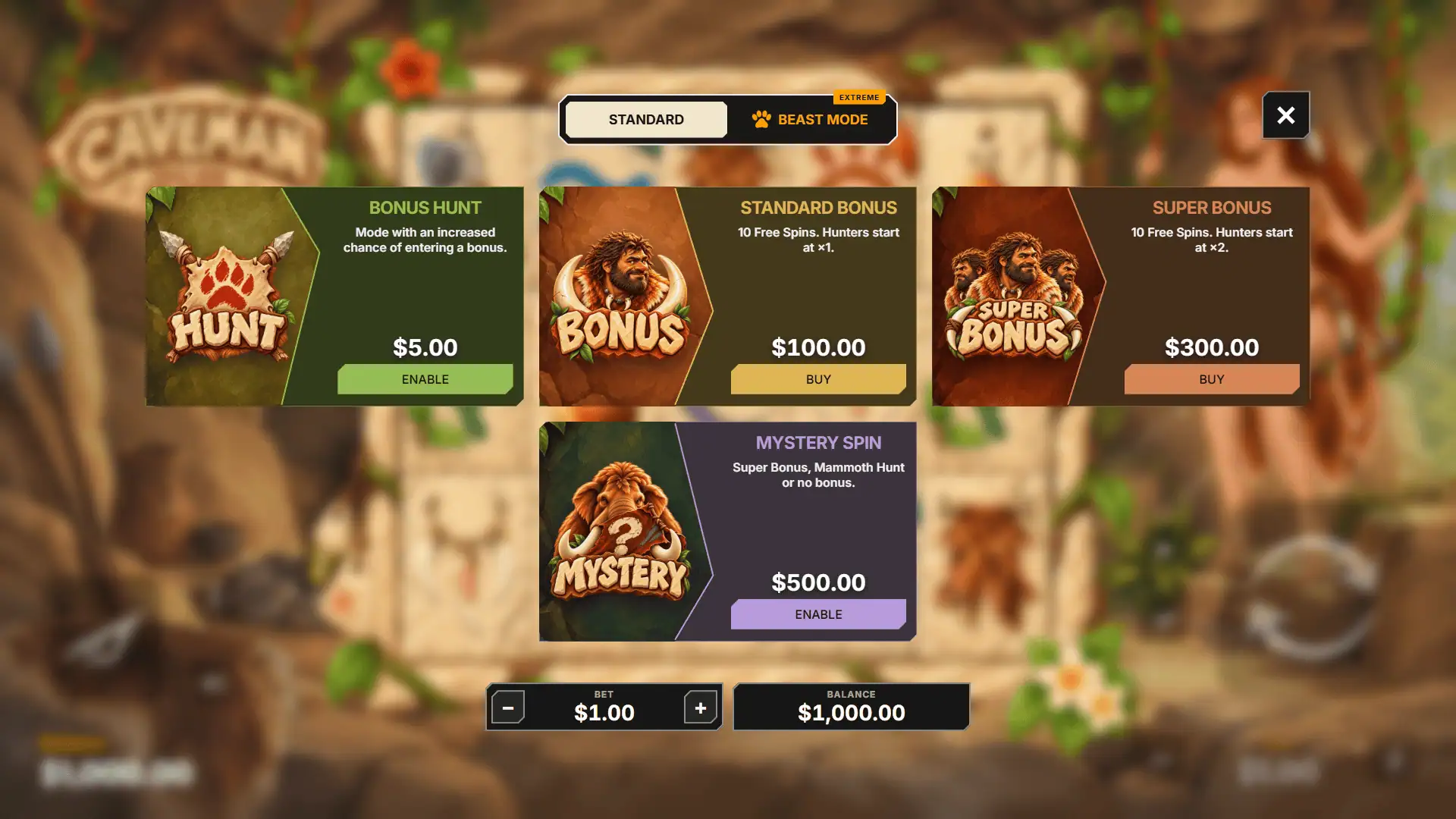 Caveman bonus buy menu