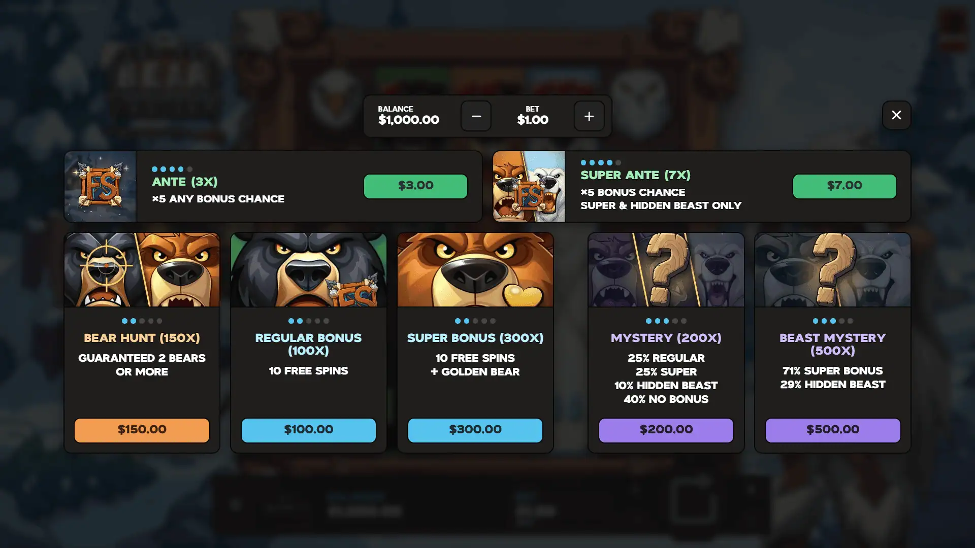 Bear Huntress bonus buy menu