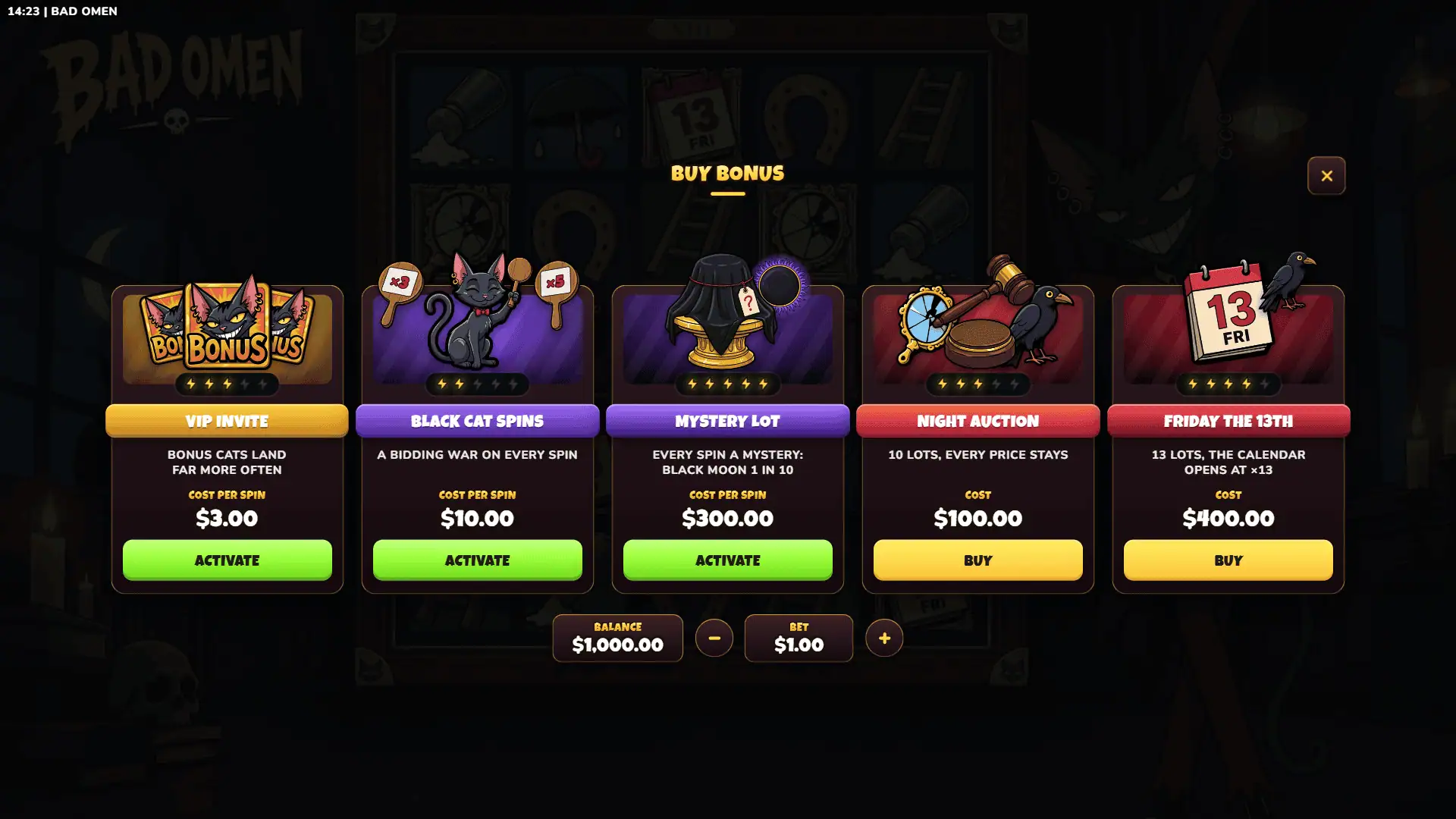 Bad Omen bonus buy menu