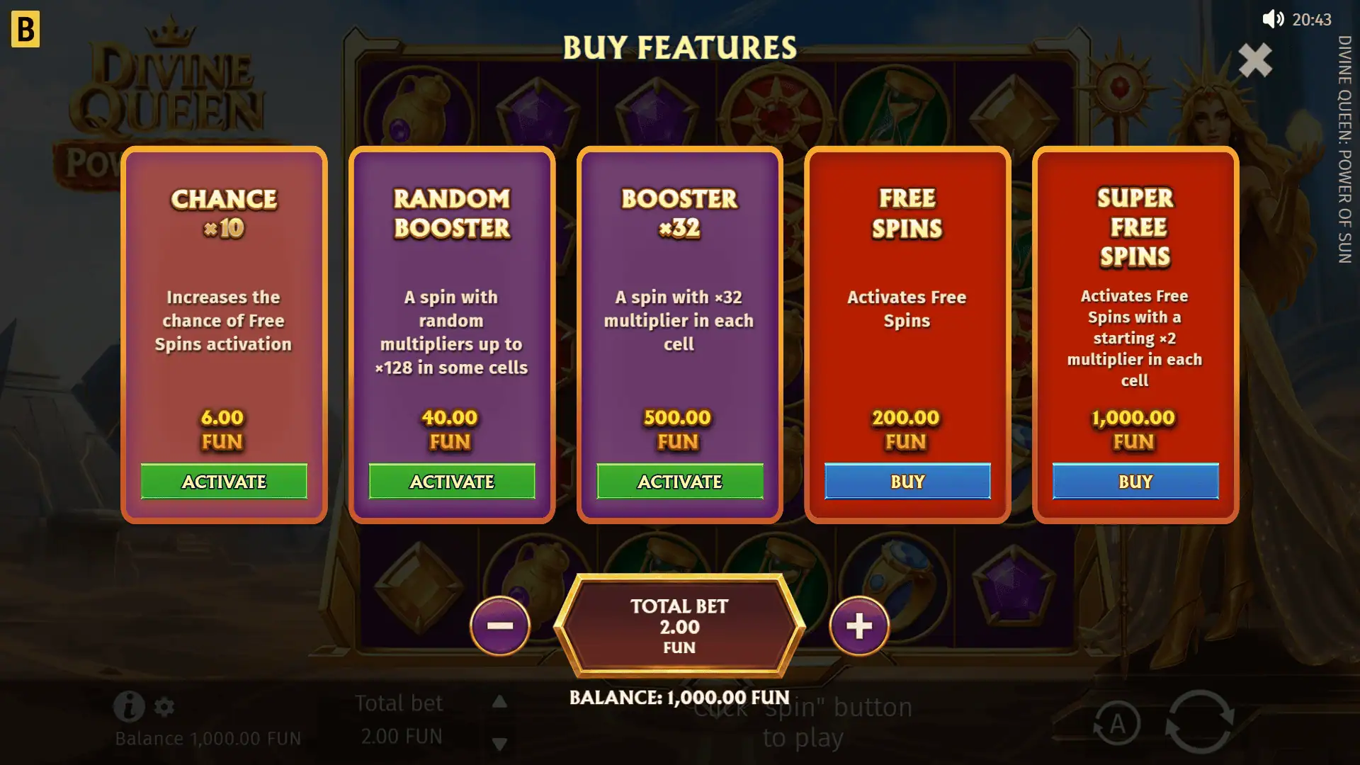 Divine Queen: Power of Sun bonus buy menu
