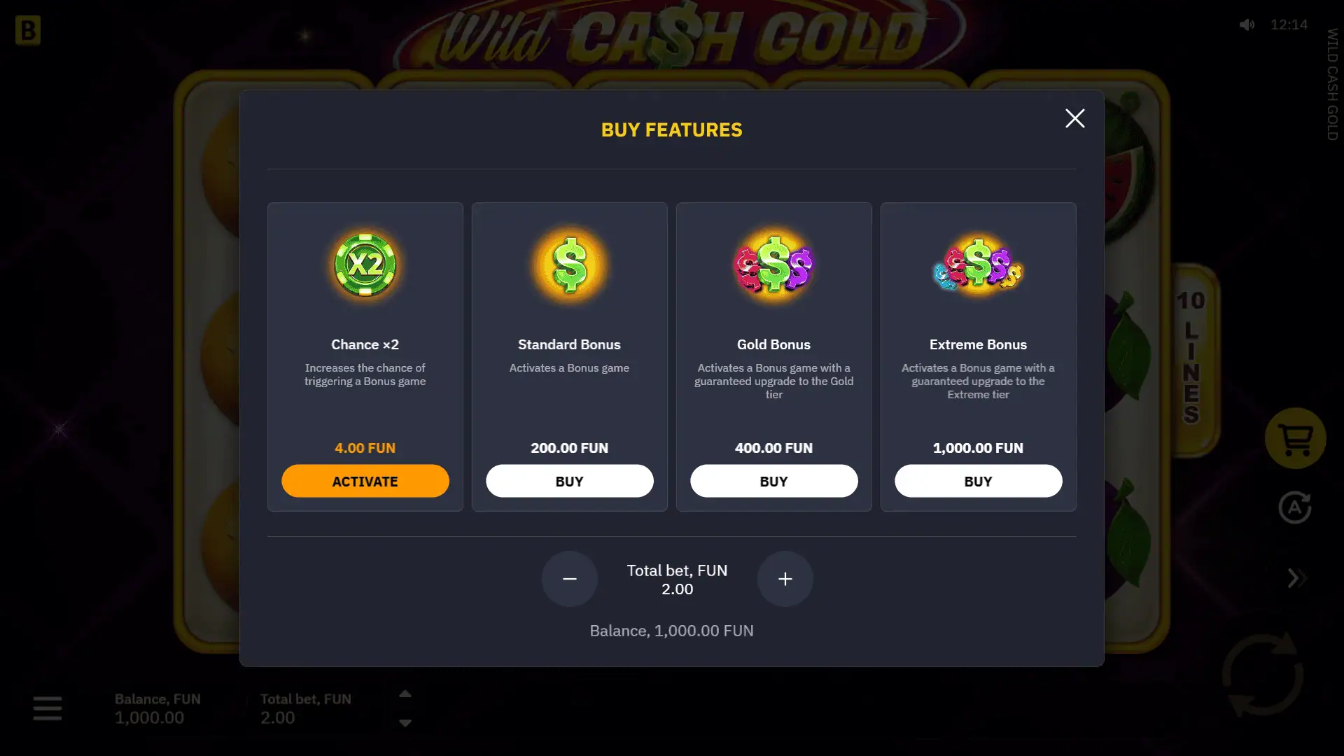 Wild Cash Gold bonus buy menu