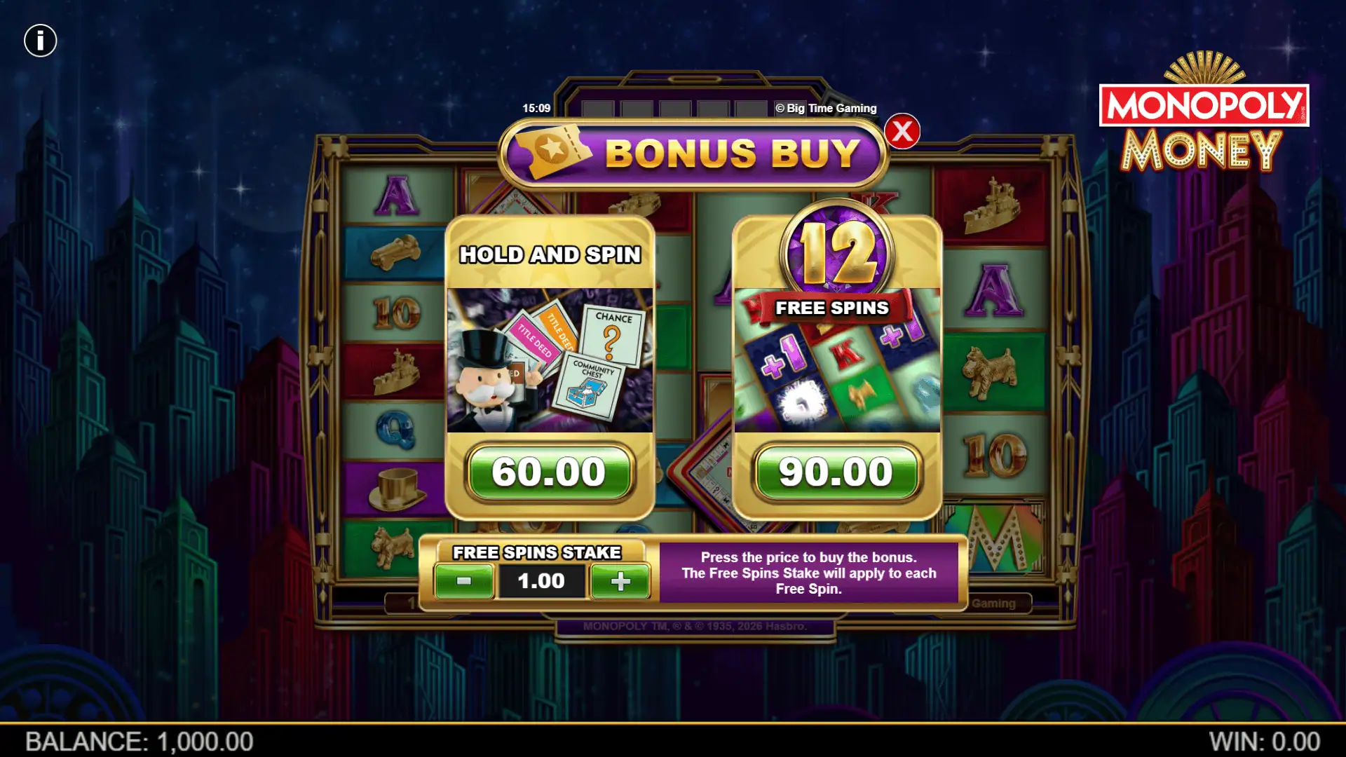 Monopoly Money bonus buy menu