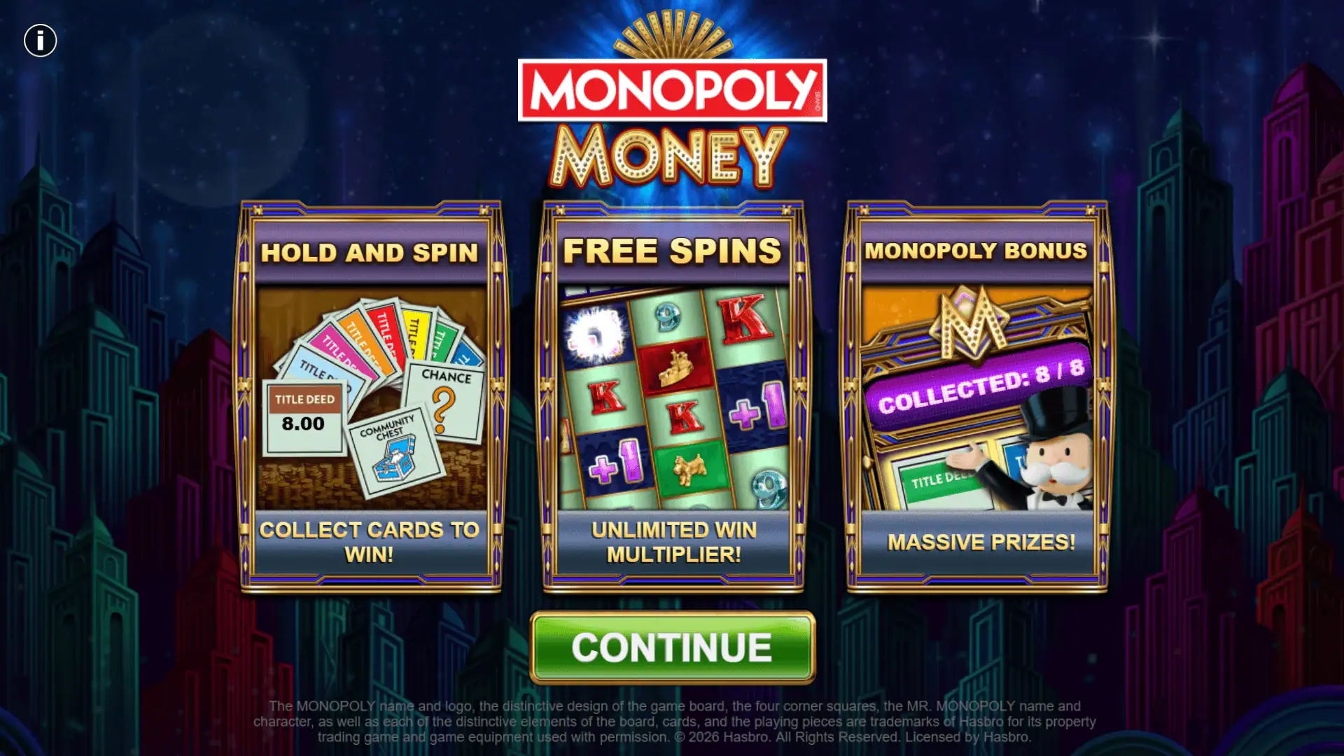 Monopoly Money slot intro screen