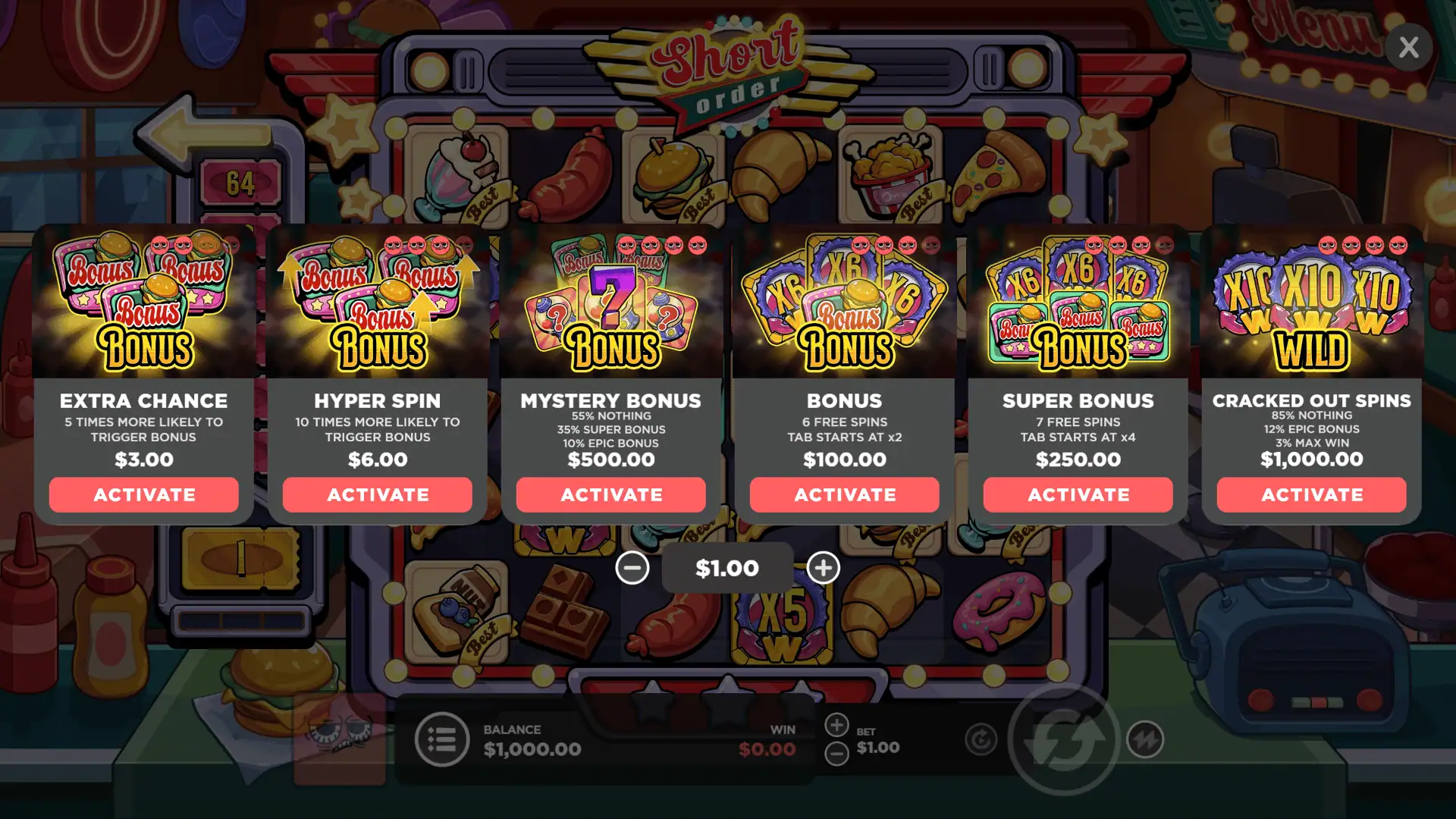 Short Order bonus buy menu