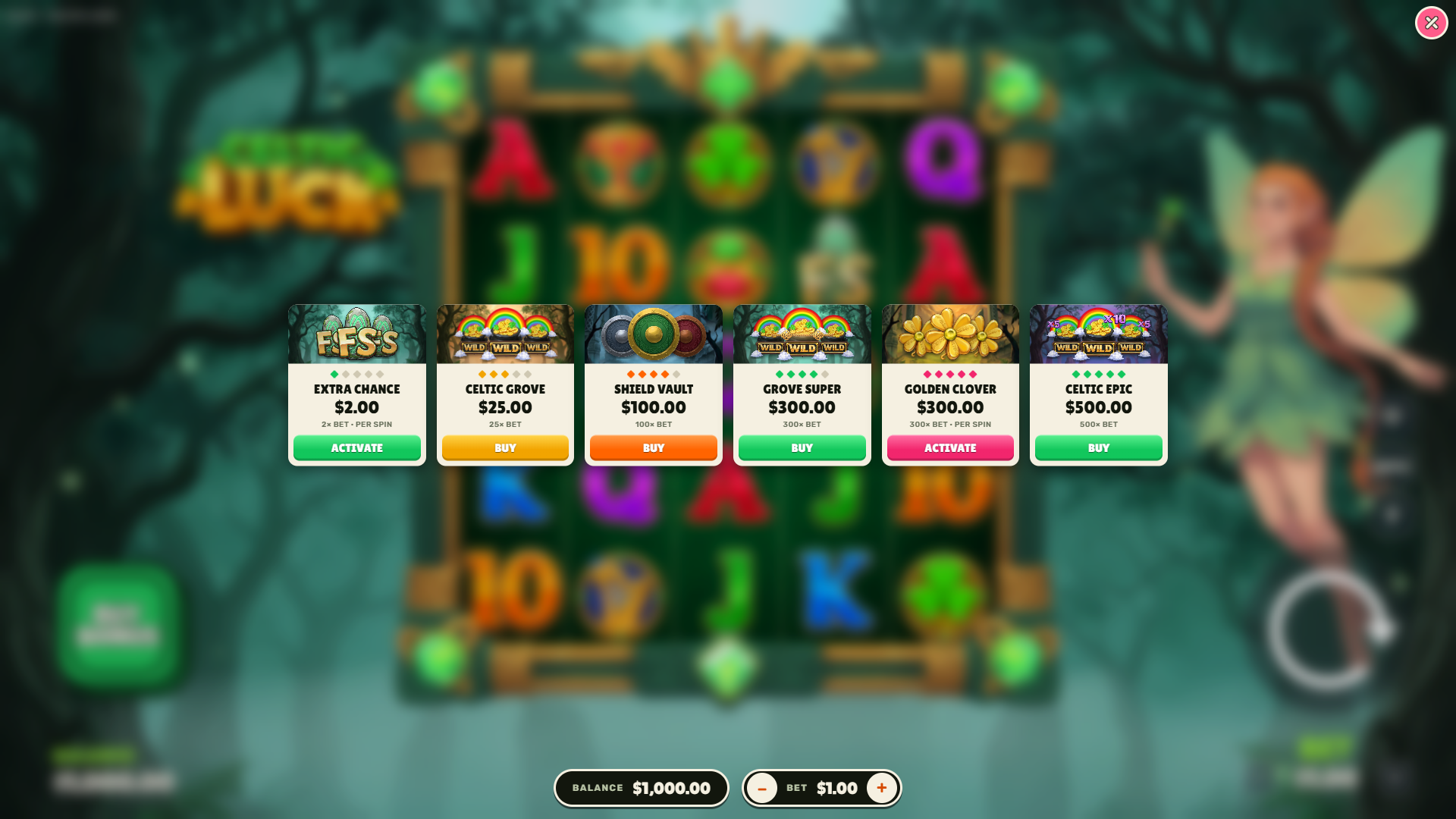 Celtic Luck bonus buy menu