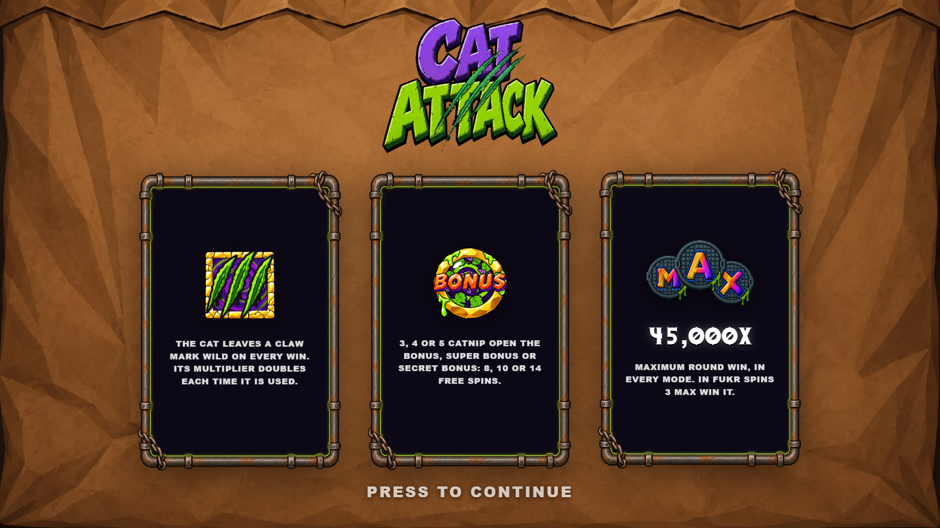 Cat Attack slot intro screen