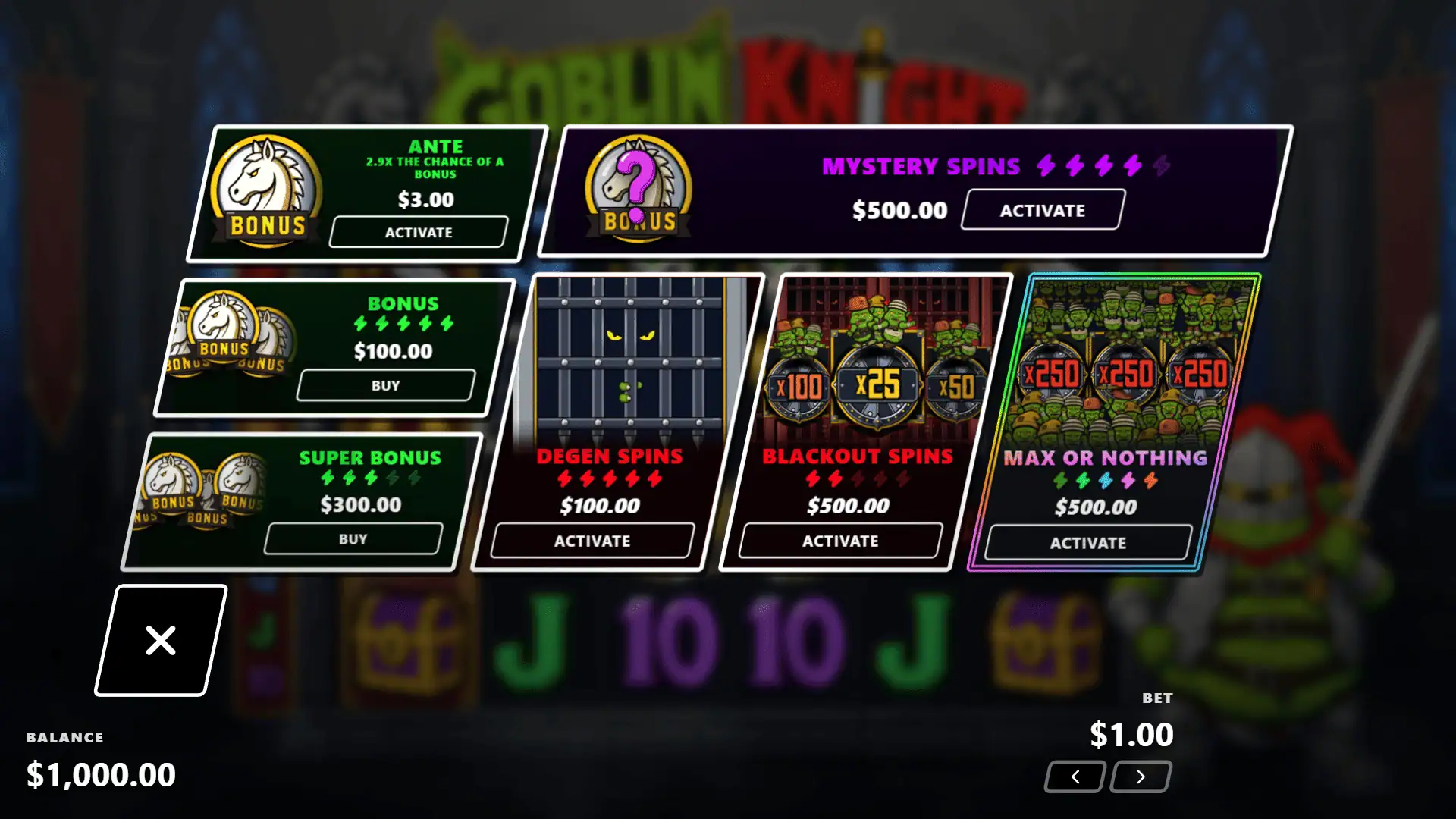 Goblin Knight bonus buy menu