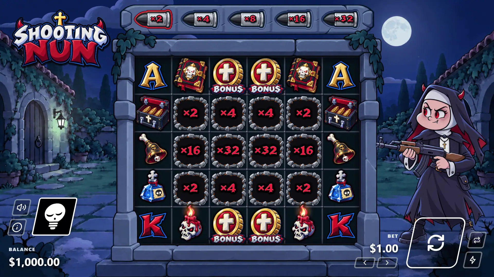 Shooting Nun slot gameplay reels