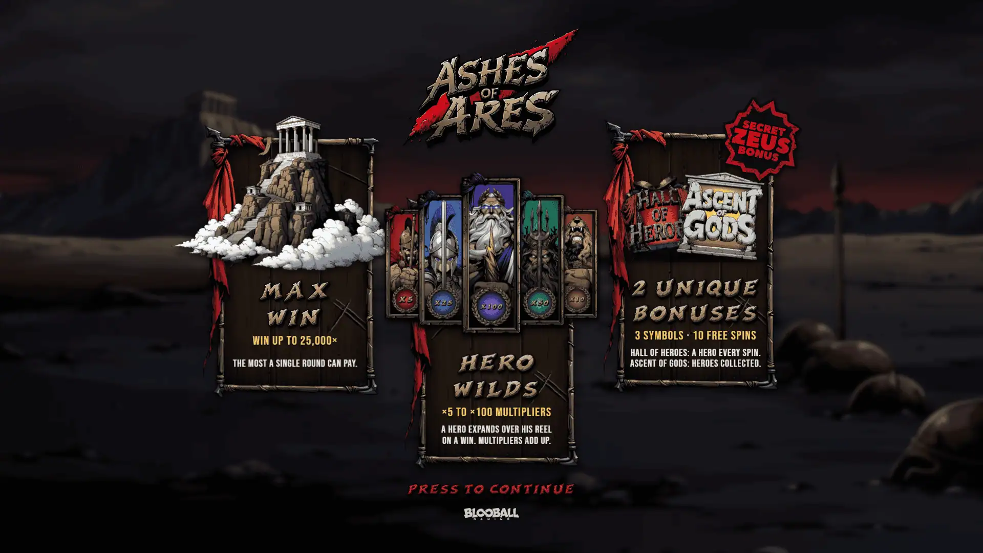 Ashes of Ares slot intro screen