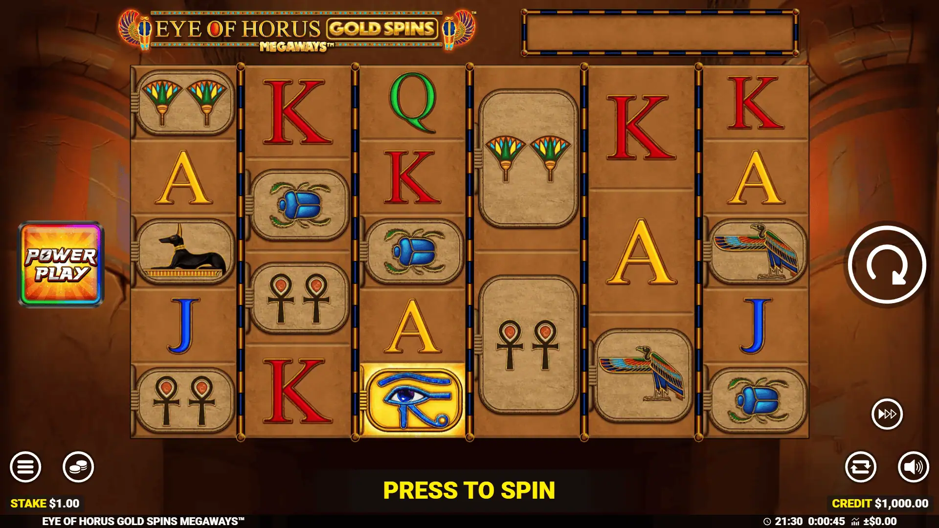 Eye of Horus Gold Spins Megaways slot gameplay reels