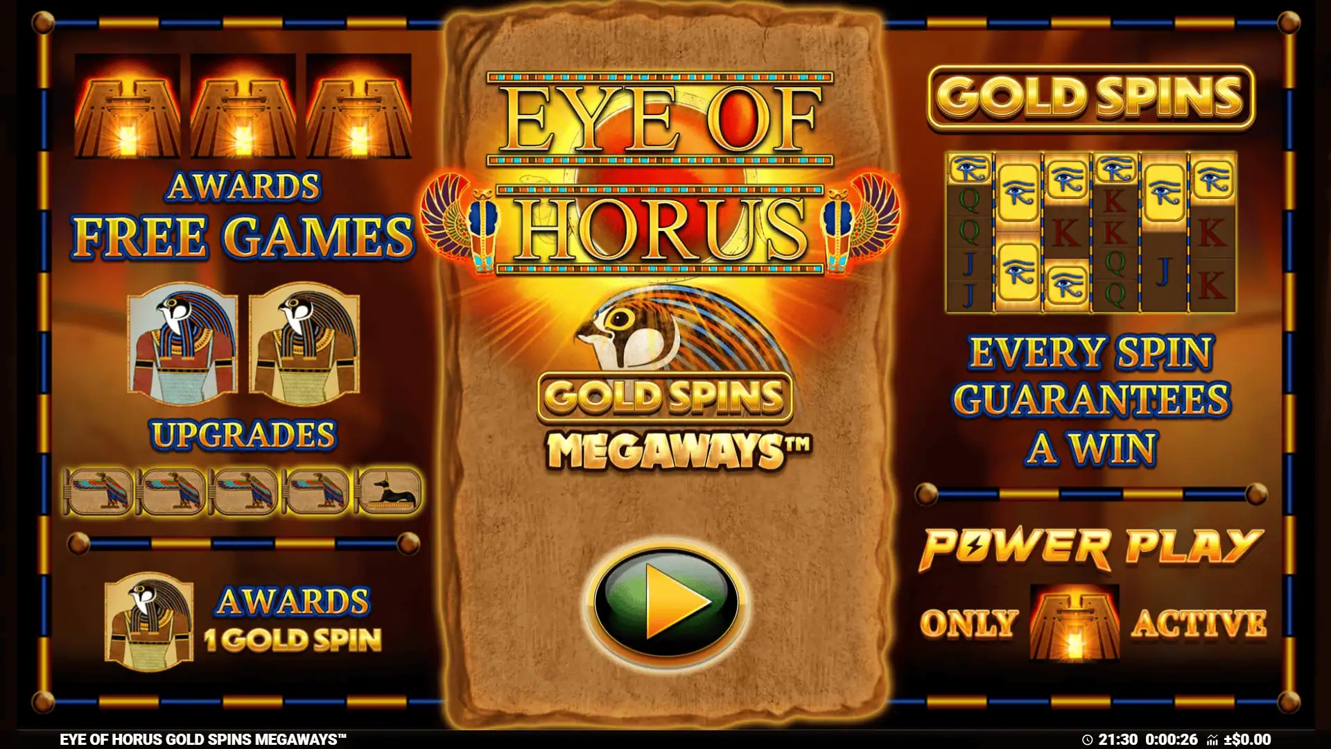 Eye of Horus Gold Spins Megaways slot intro screen