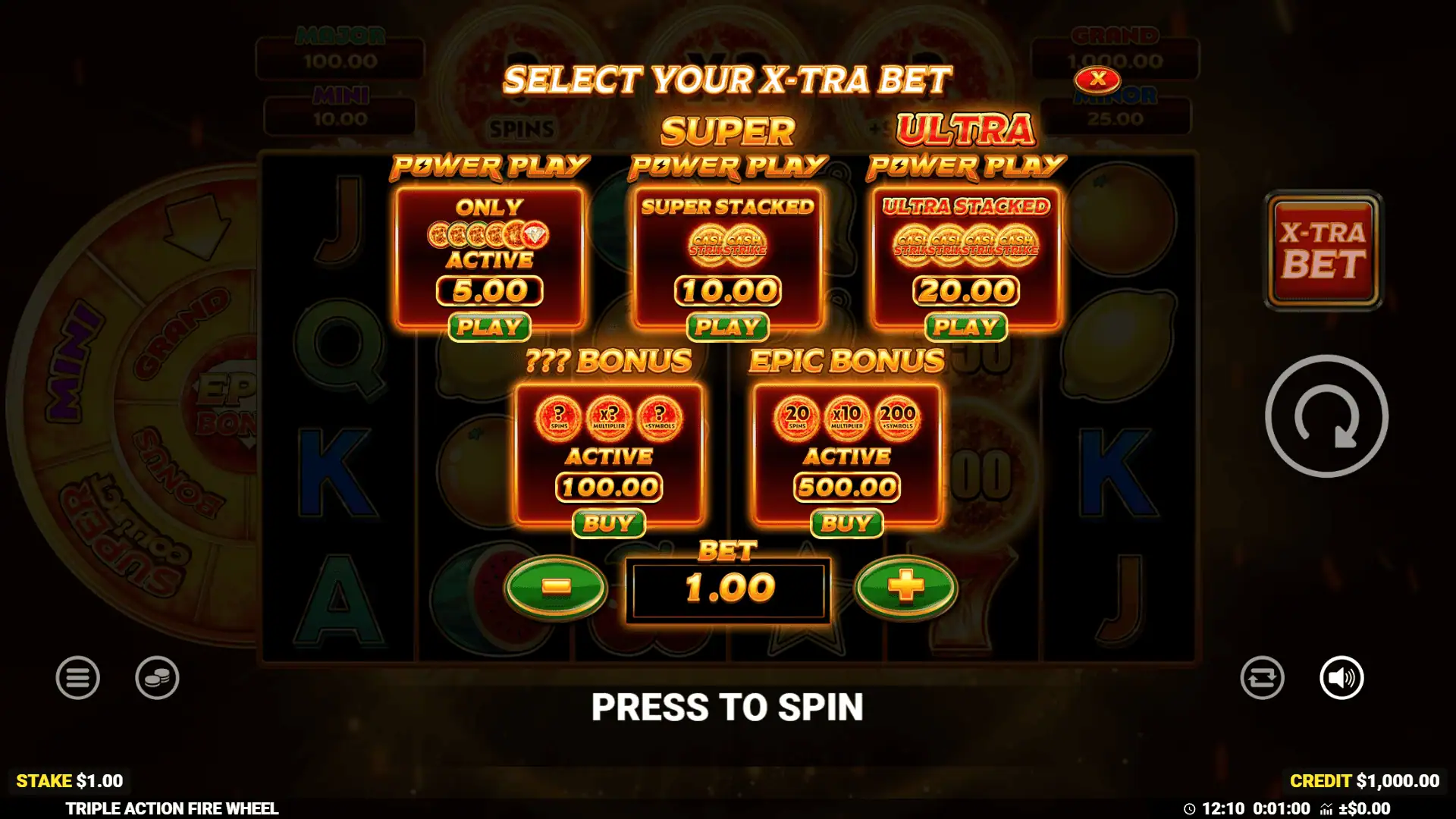 Triple Action Fire Wheel bonus buy menu