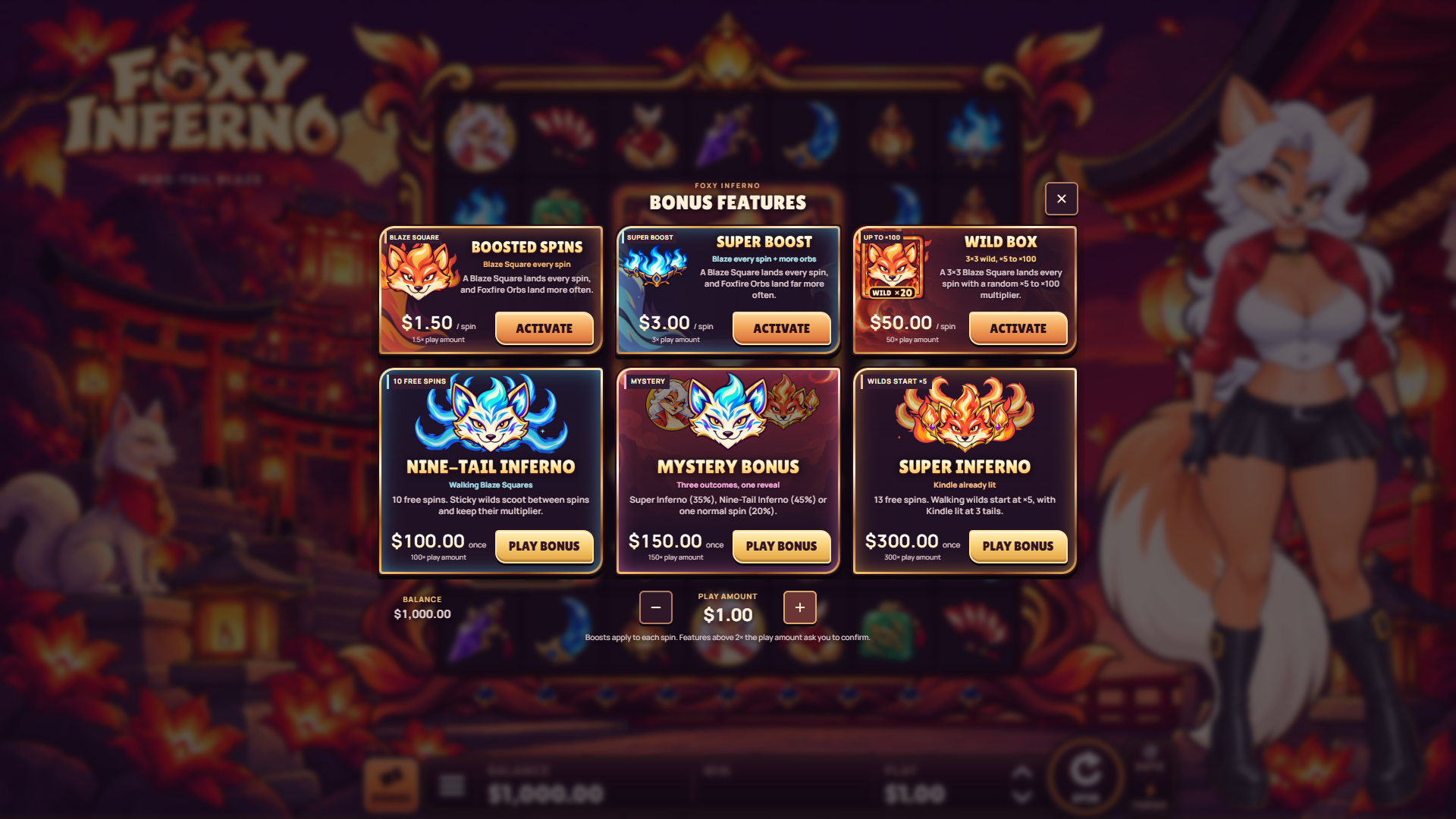 Foxy Inferno bonus buy menu