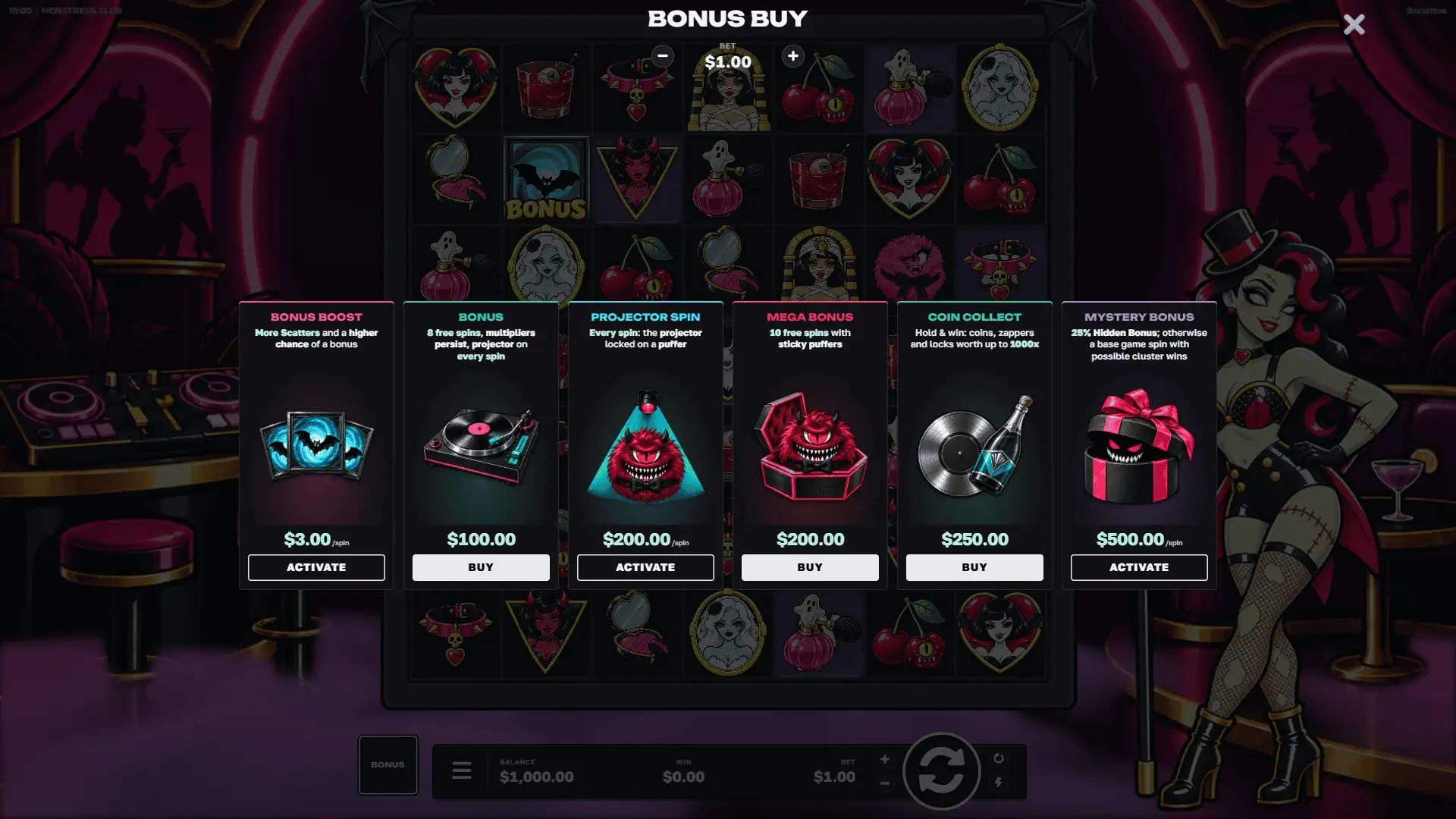 Monstress Club bonus buy menu