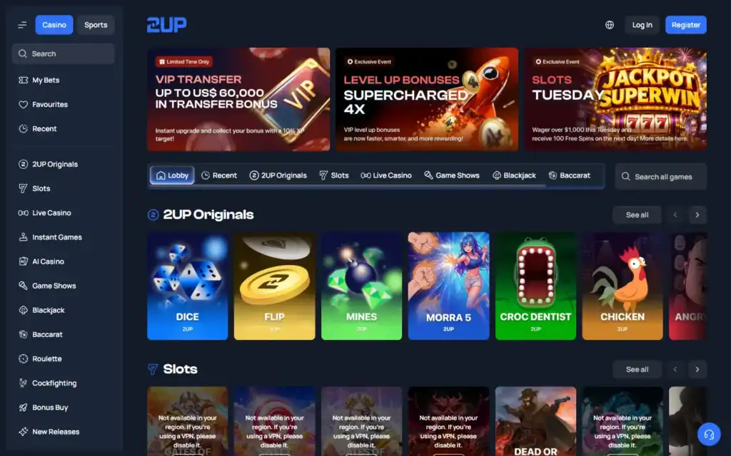 2up Casino: Homepage