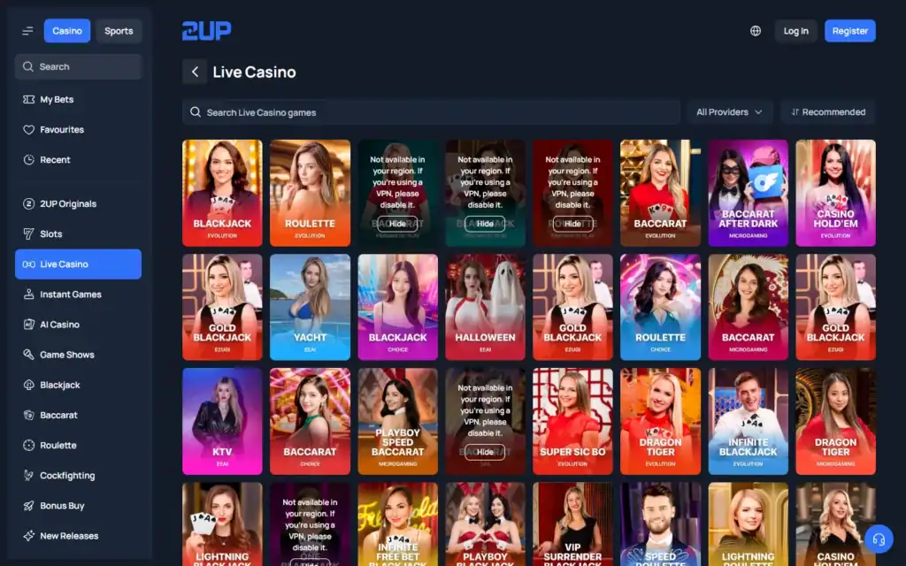 2up Casino: Live Casino