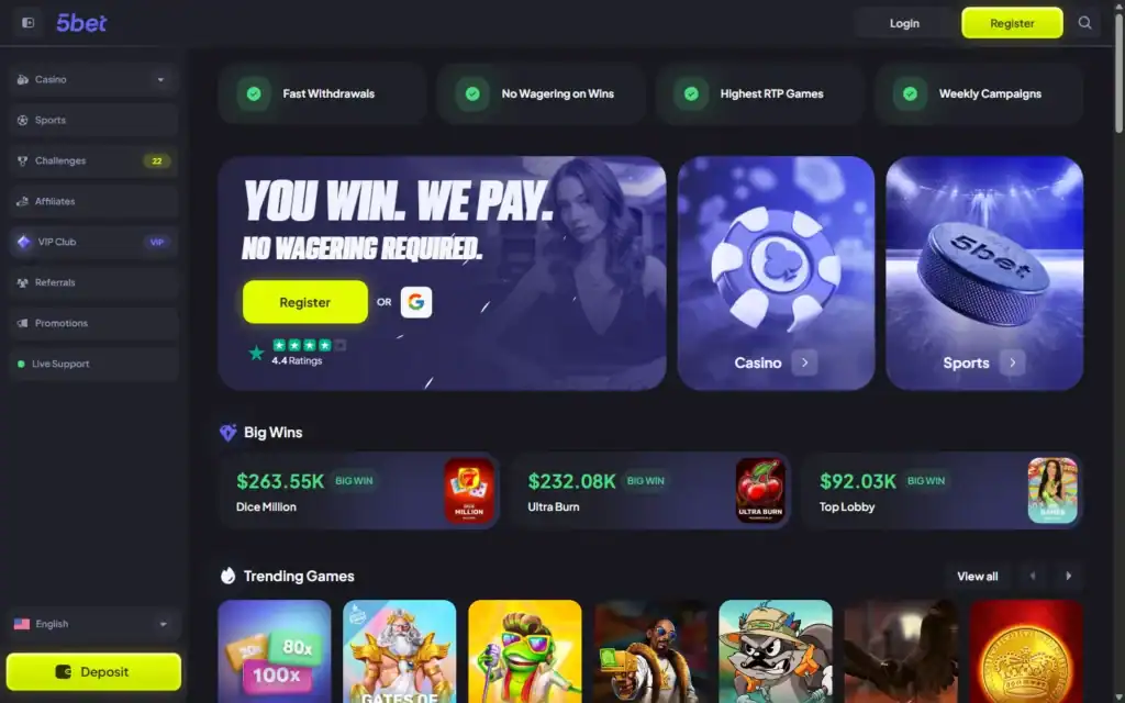5bet Casino: Homepage