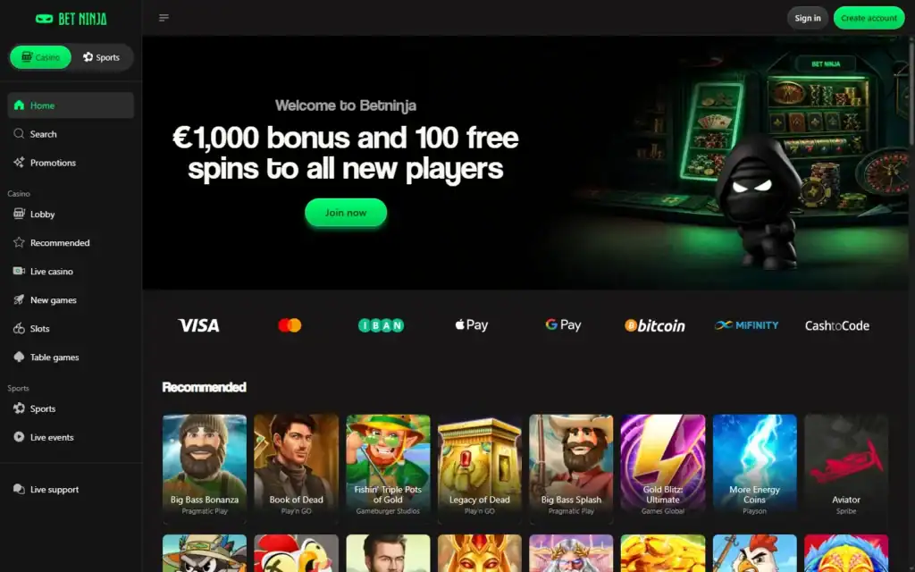 Bet Ninja Casino: Homepage