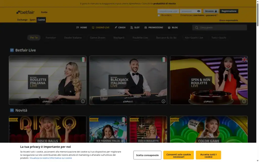 Betfair Casino (betfair.it): Live Casino
