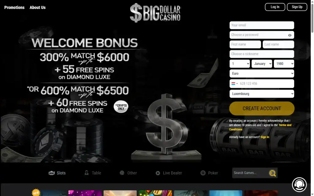 Big Dollar Casino: Homepage
