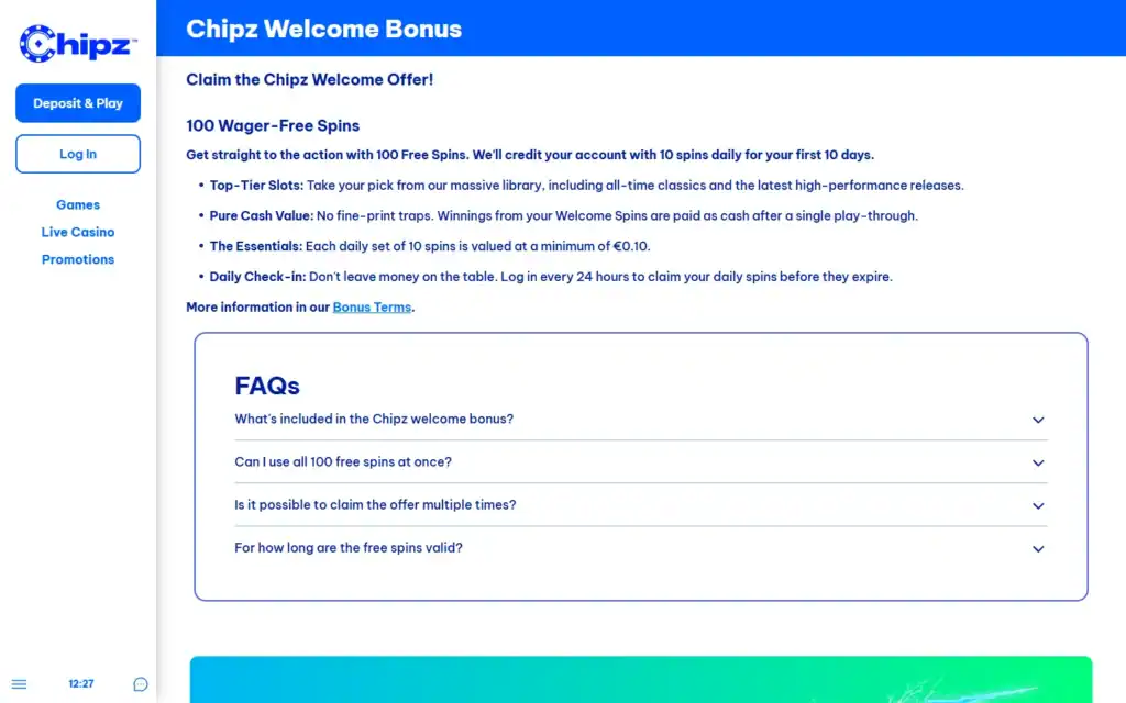 Chipz Casino: Bonus