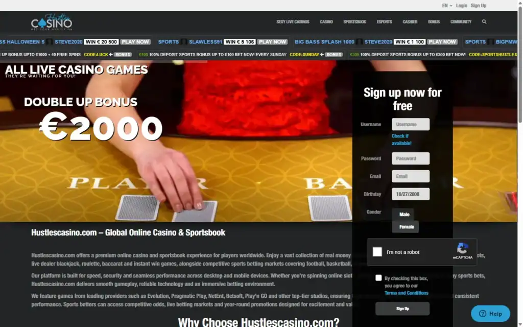 Hustles Casino: Homepage