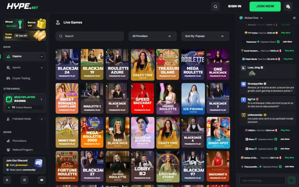 Hype Bet Casino: Live Casino