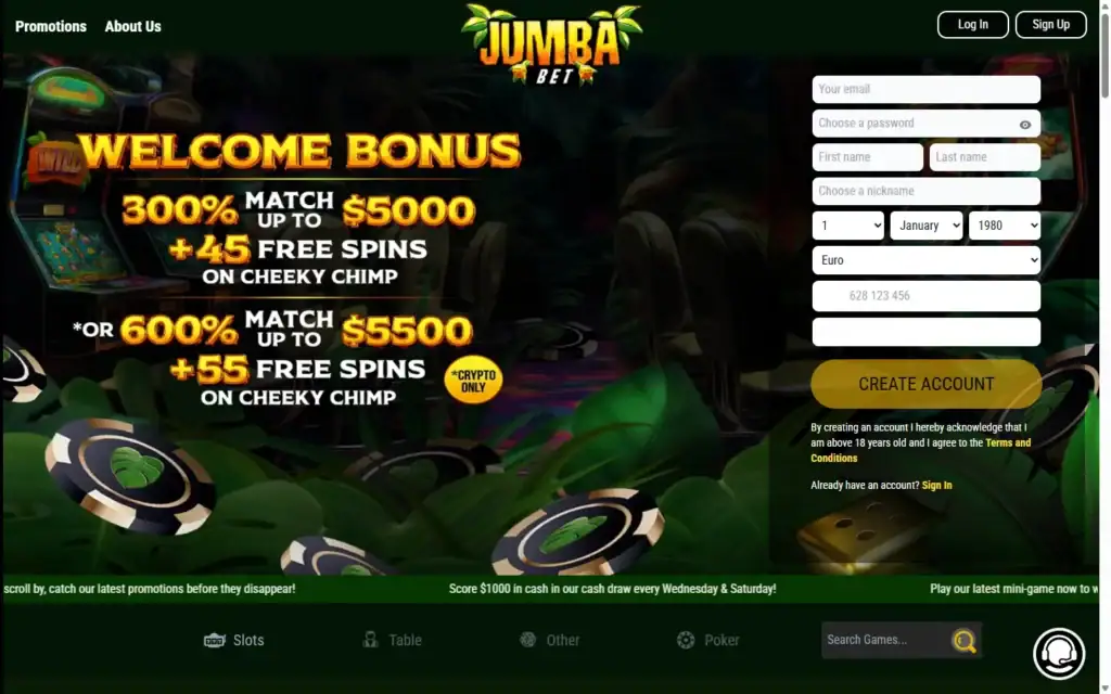 Jumba Bet Casino: Homepage